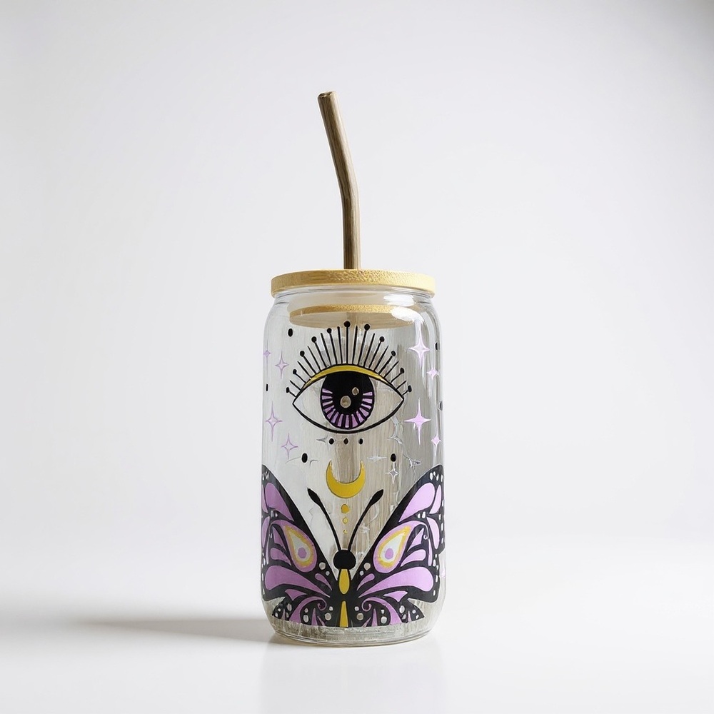 Mystical Eye and Butterfly Glass Tumbler with Straw - Purple and Gold - Picture 1 of 2